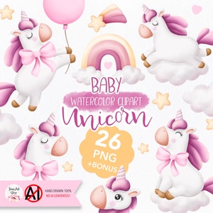 Watercolor baby unicorn pink clipart, unicorn PNG, cute unicorn, kawaii unicorn, nursery decor, kids decor, newborn, birthday, digital print