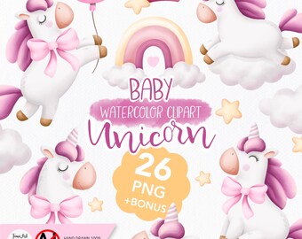 Watercolor Baby Unicorn Clipart, Nursery Decor (PNG Digital Print)