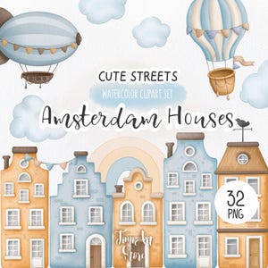 Imágenes prediseñadas de acuarela de lindas casas de Ámsterdam / Baby Shower, niños pequeños, niños lindos, arte infantil, decoración holandesa, arte digital de los Países Bajos y Holanda