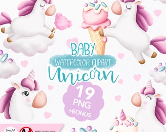 Watercolor Baby Unicorn Clipart, Nursery Decor PNG (Digital Print)