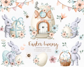 Easter Bunny Clipart Bundle | Pastel Spring Watercolor, Floral Wreaths, Egg House PNG