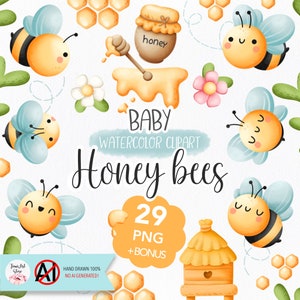 Clipart de abelha bebê em aquarela, png desenhado à mão, abelha fofa, abelhas kawaii, decoração de berçário, decoração infantil, bebê recém-nascido, primeiro aniversário, impressão digital.