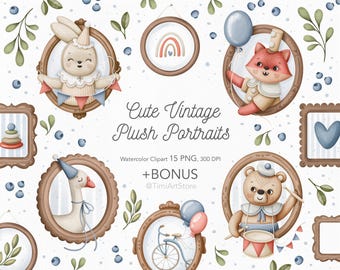 Vintage Plush Portraits Clipart | Watercolor Animals (Digital Download)
