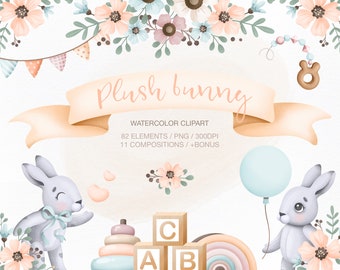 Plush Bunny Watercolor Clipart: Baby Shower Graphics (PNG, Digital Download)