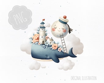Watercolor Whale with Lighthouse, Sailor Moon PNG Clipart (Digital Download)