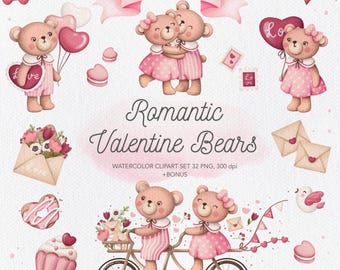 Sweet Valentine Bear Watercolor Clipart | Romantic Pink Hearts PNG | Baby Nursery Sublimation Design