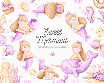 Sweet Mermaid Watercolor Clipart (38 PNG), Pastel Narwhal, Ocean Animals & Sweets