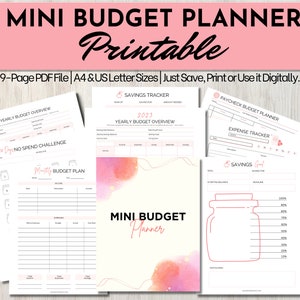 Pode incluir: Um conjunto de páginas de um mini planejador de orçamento imprimível. O título "MINI BUDGET PLANNER" está no topo, com "Printable" abaixo. As páginas incluem visões gerais do orçamento anual, rastreadores de economia e rastreadores de despesas. O texto "Just Save, Print or Use it Digitally" também é visível.