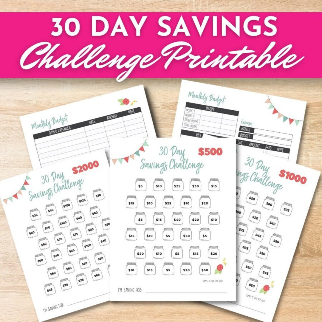 30 Day Savings Challenge Printable | 500 1k 2k Money Saving Challenge ...
