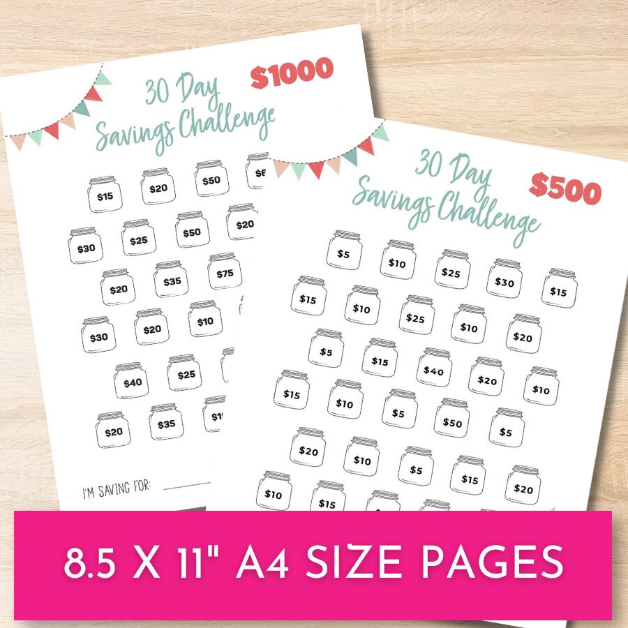30 Day Savings Challenge Printable | 500 1k 2k Money Saving Challenge ...