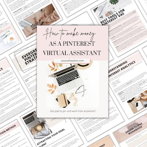May include: A pink and white digital guide with the title "How to make money as a Pinterest Virtual Assistant" and the website "insanefreedom.com". The guide features a laptop, a straw hat, and fall leaves on a white background. The text "Get paid to pin and work from anywhere!" is also included.