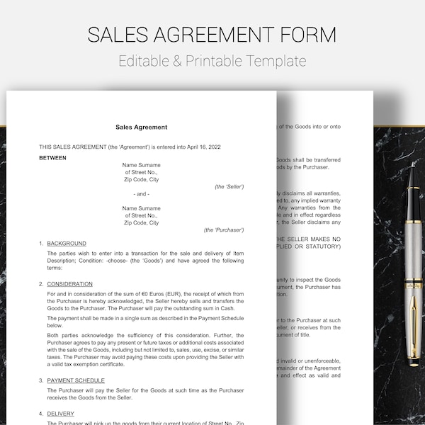 Formulaire de contrat de vente | Contrat d'achat | Contrat commercial de vente de marchandises | Modèle MS Word DOCX | Modifiable et imprimable 2 pages | Anglais