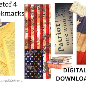 Op de afbeelding: Set van vier digitale printbare bladwijzers met een Amerikaanse vlag, een vintage boek, een pagina uit de Onafhankelijkheidsverklaring en een citaat over patriottisme. De tekst op de citaat-bladwijzer luidt: "Patriot [per] one who defends his own".
