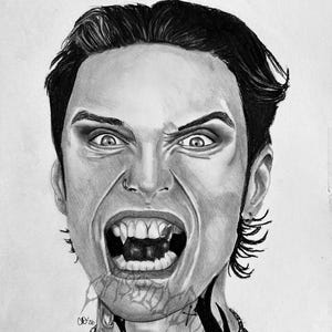 May include: A detailed black and white pencil drawing of a person with dark hair, bared fangs, and intense eyes. The drawing includes tattoos on the neck and chest, with the word "ARSENEMYS" visible. The person is wearing a black shirt.