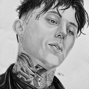 May include: Black and white pencil drawing of a man with short black hair, a black leather jacket, and tattoos on his face and neck. The drawing is signed "C.D. '22".