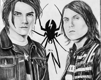 May include: Black and white pencil drawing of two people, possibly musicians, with a stylized spider design behind them. The drawing is signed "Oct '10".