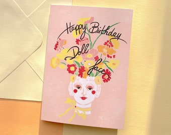 Happy Birthday DollFace - Greeting card / Floral Vase Illustration/ Celebration card/ Pretty girly card