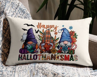 Happy Hallothanksmas Gnomes Decorative Lumbar Pillow Cover with Insert, Thanksgiving Decor, Christmas Pillow, Halloween Decor, Fall Decor,