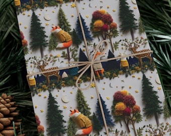 Forest Animal Gift Wrap Paper with Fox and Deer, Cute Woodland Wrapping Paper, Winter Holiday Present Wrap, 3D Effect Cozy Forest Gift Wrap