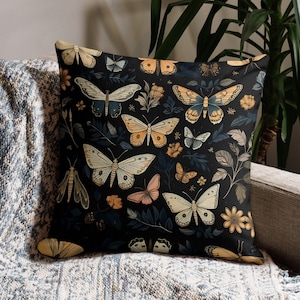 Dark Academia Butterflies Pillow Cover With Insert, Forestcore Decorative Throw Pillow, Black Farmhouse Decor, Dark Cottagecore Pillow