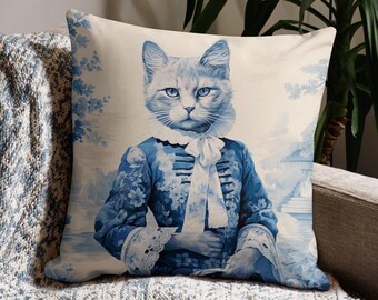 Aristocat, Cat French Blue Chinoiserie Throw Pillow Cover With Insert, Sofa Cushion, Designer Pillow, Elegant French Toile Decorative Pillow
