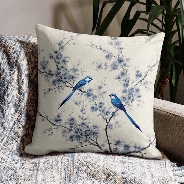 Franse blauwe vogels chinoiserie sierkussenhoes met inzetstuk, bankkussen, designerkussen, elegant Frans blauw toile decoratief kussen