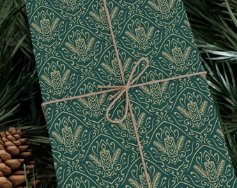 Vintage Candle Damask Gift Wrap in Green and Gold - Elegant Wrapping Paper for Holidays, Weddings, and Special Occasions, Decorative Paper
