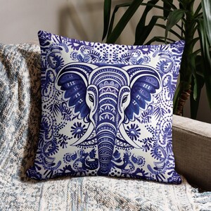 Blue Ethnic Elephant Batik Pillow Case With Insert, Boho Pillow Cover, Tribal Pillow, Bali Decorative Pillow, Designer Ikat Throw Pillow 2