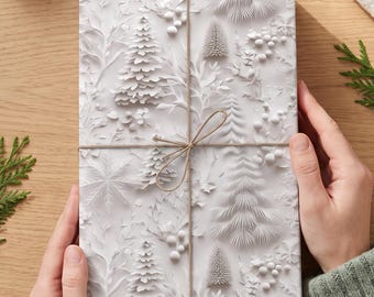 Elegant White Christmas Wrapping Paper, Faux 3D Trees and Foliage Embossed Effect for Minimalistic Holiday Gift Wrap, Decorative Paper