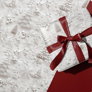 Elegant White Christmas Wrapping Paper, Faux 3D Trees and Foliage Embossed Effect for Minimalistic Holiday Gift Wrap, Decorative Paper