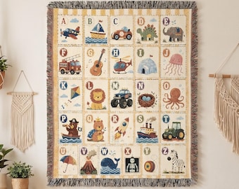 Whimsical Alphabet Tapestry, Vintage ABC Nursery Wall Hanging, Kids Educational Playroom Decor, Heirloom Toddler Illustration