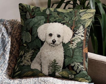 Almohada con inserto de Bichon Frise en el bosque, almohada decorativa inspirada en William Morris, Cottagecore, Forestcore, cojín floral botánico