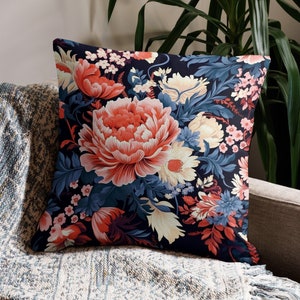 Floral Vintage Maximalist Decor Throw Pillow + INSERT, William Morris Inspired Pillow, Flower Designer Pillow, Pink Blue White Pillow Cover