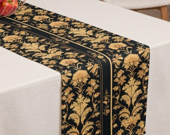 Gold Table Runner, Damask Table Runners, Block Print Runner, Floral Table Runner, Flowers Print Table Runner, Wedding Table Decor, Designer