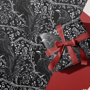 Gothic Raven Gift Wrap - Witchy Black Raven Wrapping Paper for Halloween & Dark Occasions, Lino Cut Had Drawn Inspired Decorative Paper