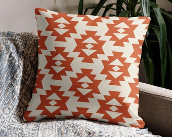 Orange Southwestern Pillows, Boho Pillows, Tribal Decorative Pillow, White Accent Pillow, Kilim Pillow, Aztec Pillow, Pillow Cover + Insert