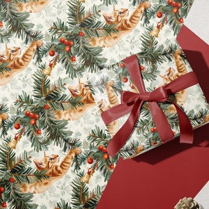 Playful Mistletoe Cat Christmas Gift Wrap, Festive Cat and Christmas Tree Wrapping Paper for Pet Lovers, Cat Lovers Holiday Decorative Paper
