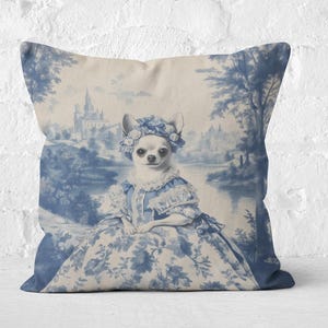 Elegant Chihuahua Decorative Throw Pillow Cover With Insert, French Country Decor, Timeless Blue White Decor, Lumbar Pillow, Dog Lover Gift