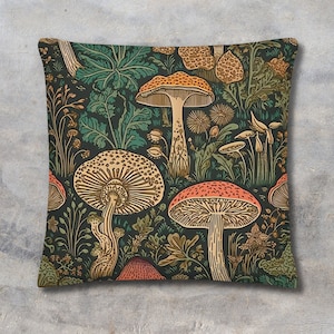 William Morris Inspired Mushrooms in Forest Pillow Cover With Insert | Decorative Pillow, Cottagecore, Forestcore, Mushroomcore Throw Pillow