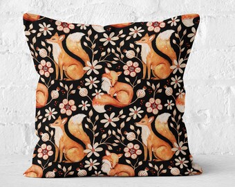 Woodland Fox Throw Pillow Cover with Insert - Rustic Farmhouse Home Decor in Orange and Black, Cottagecore Cushion Cover, Lumbar Pillow