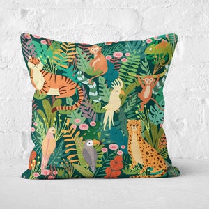 Whimsical Jungle Animals Throw Pillow Cover with Insert, Colorful Decorative Cushion for Kids Room and Playroom, Nature-Inspired Home Decor