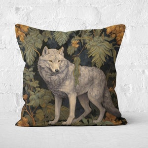 William Morris Inspired Gray Wolf in Forest Pillow With Insert | Decorative Pillow, Cottagecore, Forestcore, Floral Botanical Throw Pillow