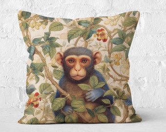 William Morris Inspired Monkey in The Forest Pillow Cover With Insert | Decorative Pillow, Cottagecore, Forestcore, Floral Throw Pillow