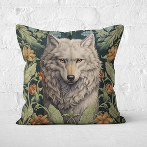William Morris Inspired Gray Wolf in Forest Pillow With Insert | Decorative Pillow, Cottagecore, Forestcore, Floral Botanical Throw Pillow 2