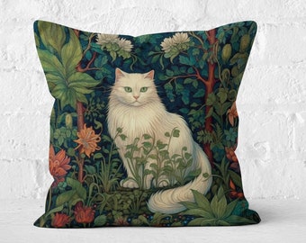 William Morris Inspired Cat in the Forest Pillow With Insert | Decorative Pillow, Cottagecore, Forestcore, Floral Botanical Throw Pillow