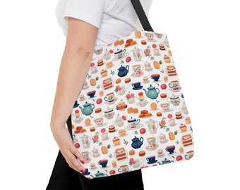 Tea Time Pattern Tote Bag - Tote Bag, Aesthetic Tote Bag, Cute Tote Bag, Large Tote Bag, Trendy Tote Bag, Tote Shopping Bag, Cottagecore Bag