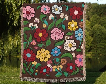 Piano Floral Woven Blanket, Colorful Flower Throw, 100% Cotton Tapestry, Cottagecore Decor, Music Lover Gift 4