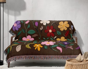 Piano Floral Woven Blanket Gift for Her, Colorful Flower Throw, 100% Cotton Tapestry, Music Lover Decor Gift