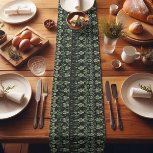 Art Nouveau Floral Table Runner w/ Shamrock Pattern, Timeless Deep Green Botanical Design, Sophisticated St. Patrick’s Day Table Centerpiece