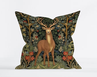 Deer in a Forest Pillow Cover With Insert, William Morris Inspired Decorative Pillow, Cottagecore, Forestcore, Floral Botanical Throw Pillow